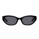 Black cat-eye sunglasses with dark gray lenses, shown from a front-facing perspective on a solid white background.