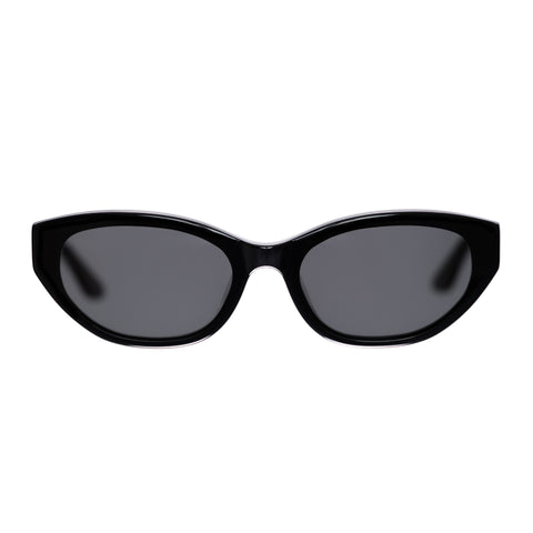 Black cat-eye sunglasses with dark gray lenses, shown from a front-facing perspective on a solid white background.