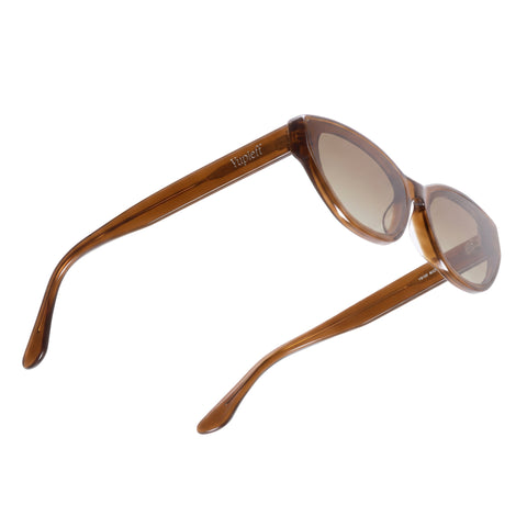 Brown acetate cat-eye sunglasses with gradient brown lenses, shown from a three-quarters angle on a white background.