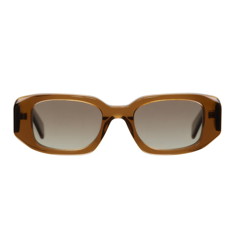Rectangular sunglasses with a translucent amber-brown acetate frame and gradient brown lenses, shown against a plain white background.