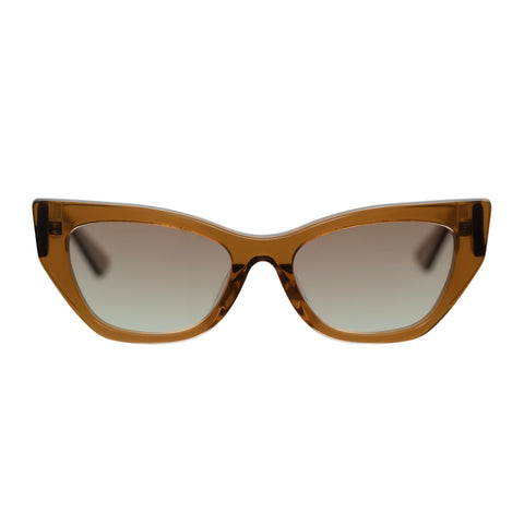 Cute cat-eye sunglasses with a translucent amber-brown acetate frame and gradient gray lenses, shown against a plain white background.